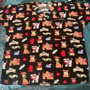 Women's Playful Dog Print Scrub top - Black and Multicolor